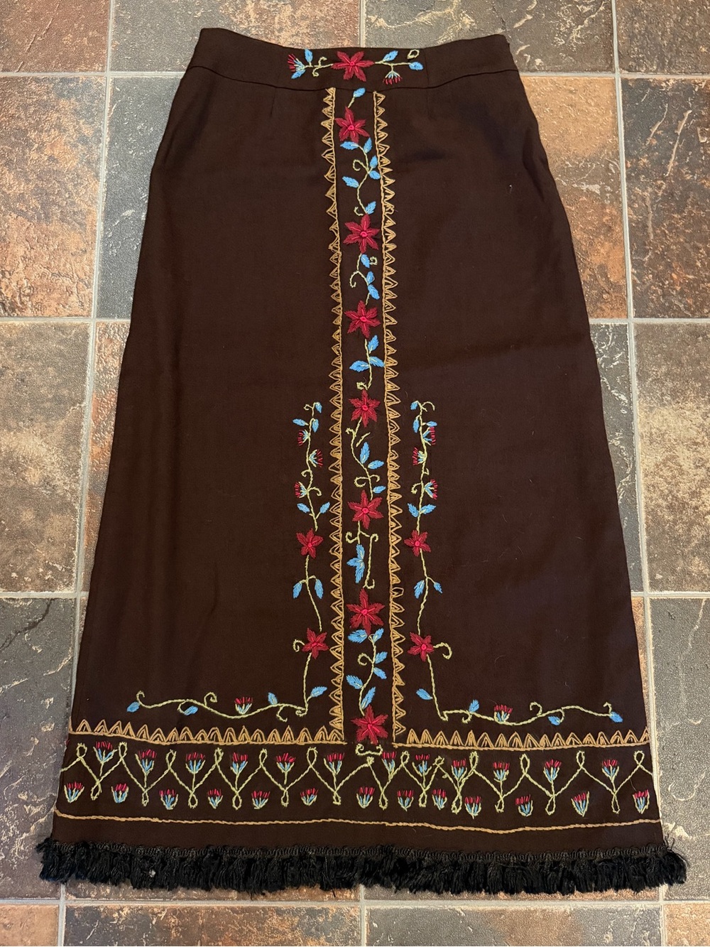 VTG 90s Mix Nouveau NY Chocolate Brown Wool Maxi Skirt Embroidered Floral Size M
